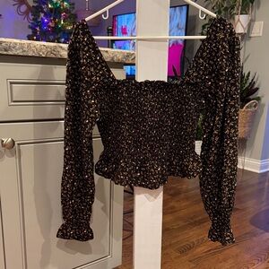 Off the Shoulder Smocked Long Sleeved Blouse- Floral and Black